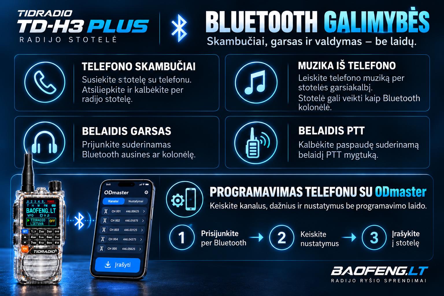 TD-H3 Plus Bluetooth funkcijos: telefono skambučiai, muzika ir belaidžiai priedai